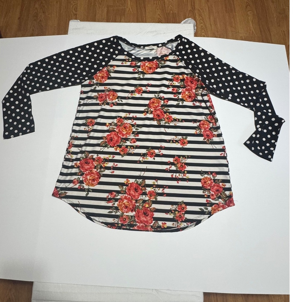 A.Gain Womens 1X Floral Striped Polka Dot Raglan Long Sleeve Top Mixed Print